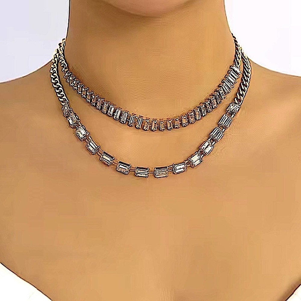 Gold Plated Diamond Baguette Multilayer Choker Necklace